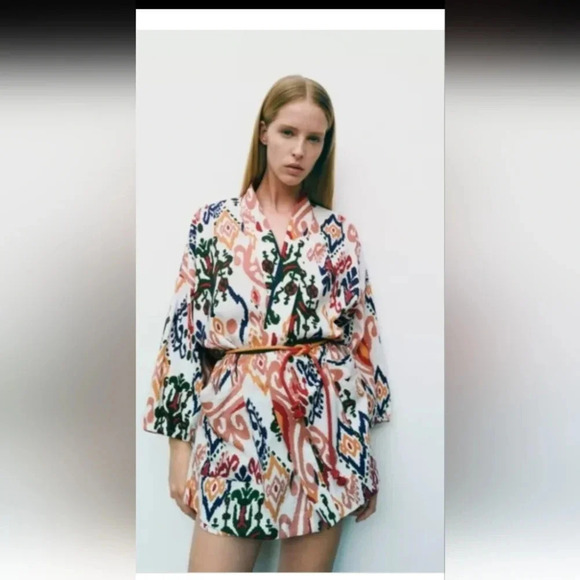 Zara NWT Hanoi Kimono Multicolored Linen Blend Size Large - Picture 1 of 11